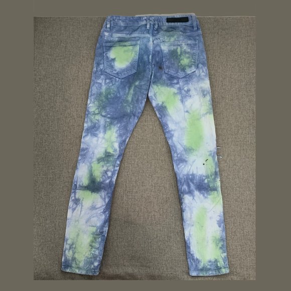Unique Mens Embellish Tie Dye Jeans Distressed Ripped 30 Cotton Spandex Blue - Picture 12 of 16